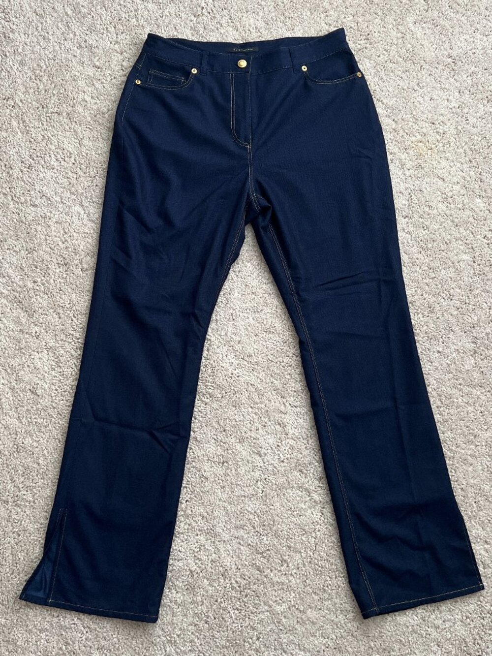 Elie Tahari Midnight Blue Metallic Gold Stitch Slit Flare Pants Size 10